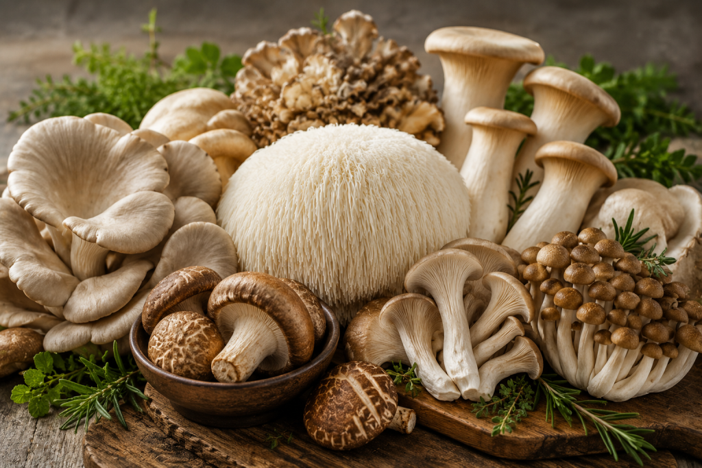 Fresh gourmet mushrooms used in vegan cooking and plant-based meals