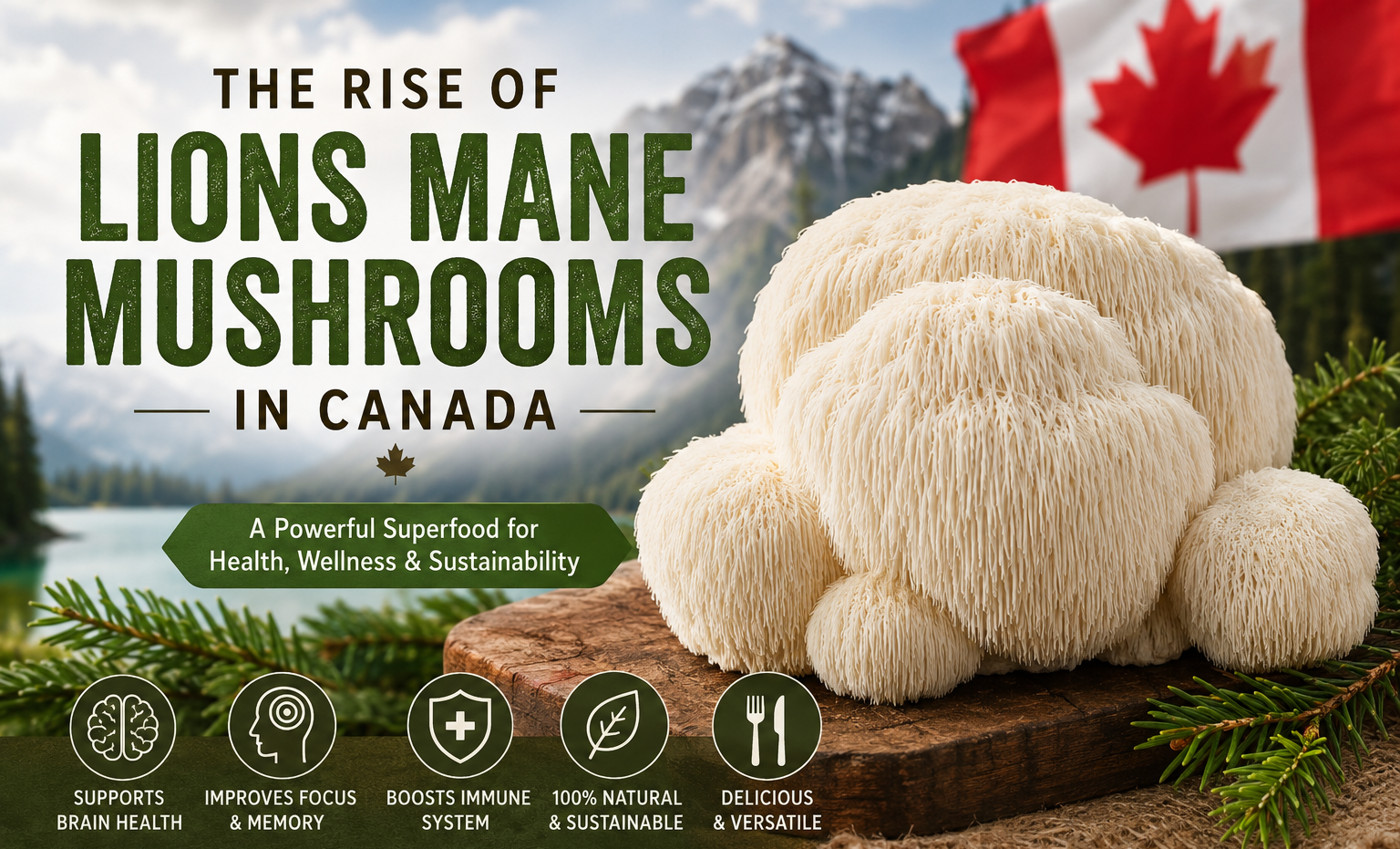 Fresh Lions Mane Mushroom displayed for wellness and culinary use in Canada